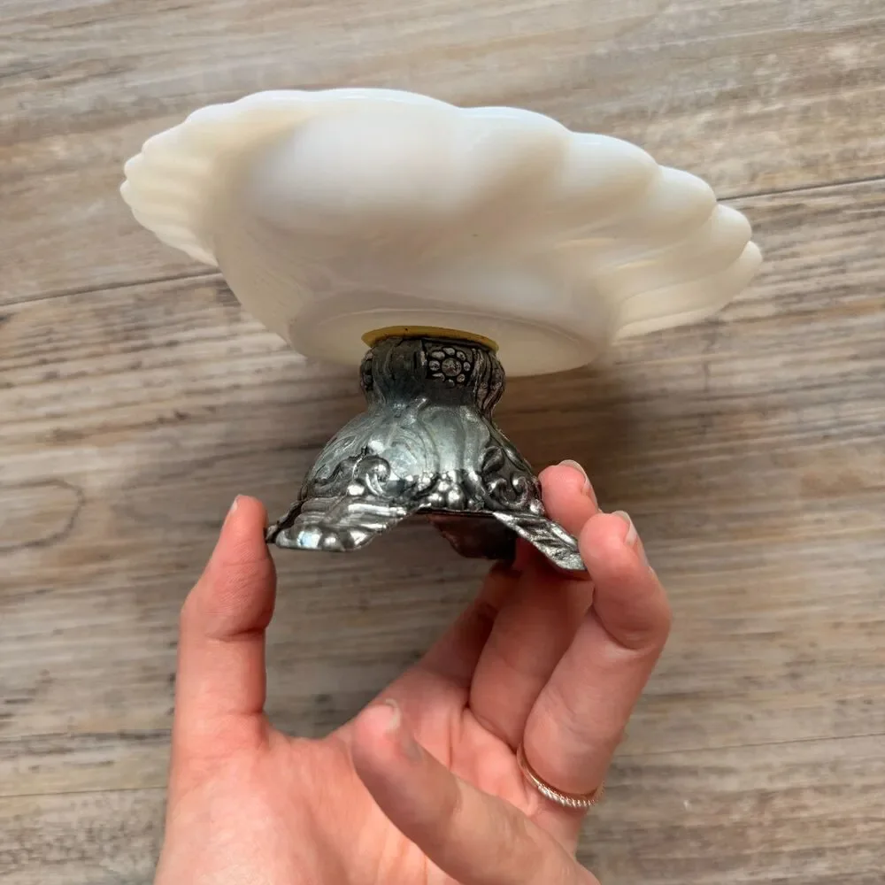 Vintage Milk Glass Shell Dish Pedestal Soap Dish Coastal Cottage Jewelry Trinket